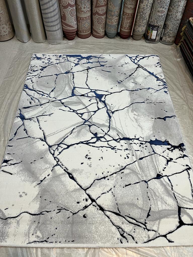 Luxury Marble Abstract Area Rug – Modern White & Navy Blue Carpet