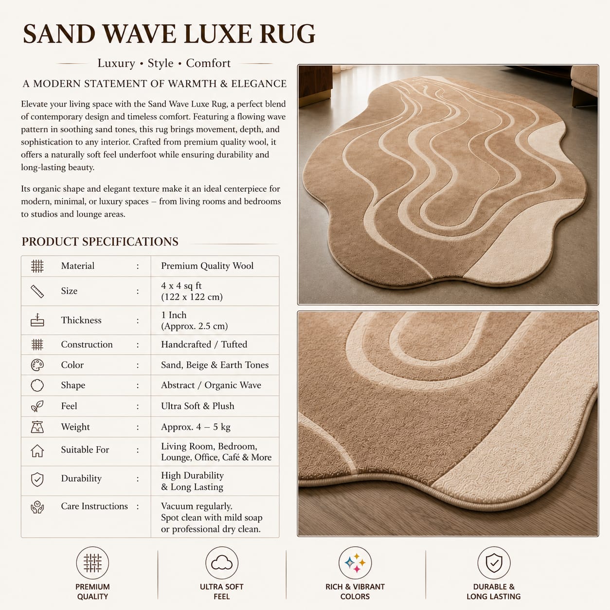 Sand Wave Luxe Rug 4x4 sq feet