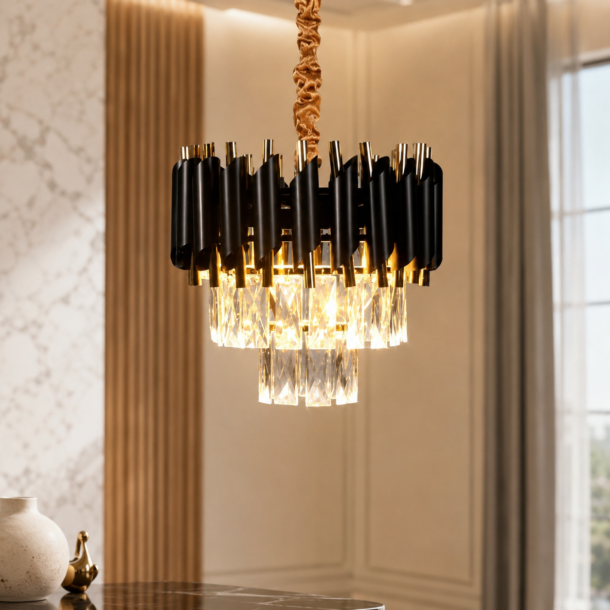 The Lustren Black & Gold Crystal Chandelier – 300mm Luxury Pendant Light