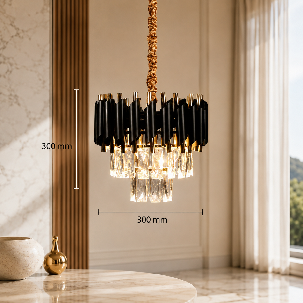 The Lustren Black & Gold Crystal Chandelier – 300mm Luxury Pendant Light