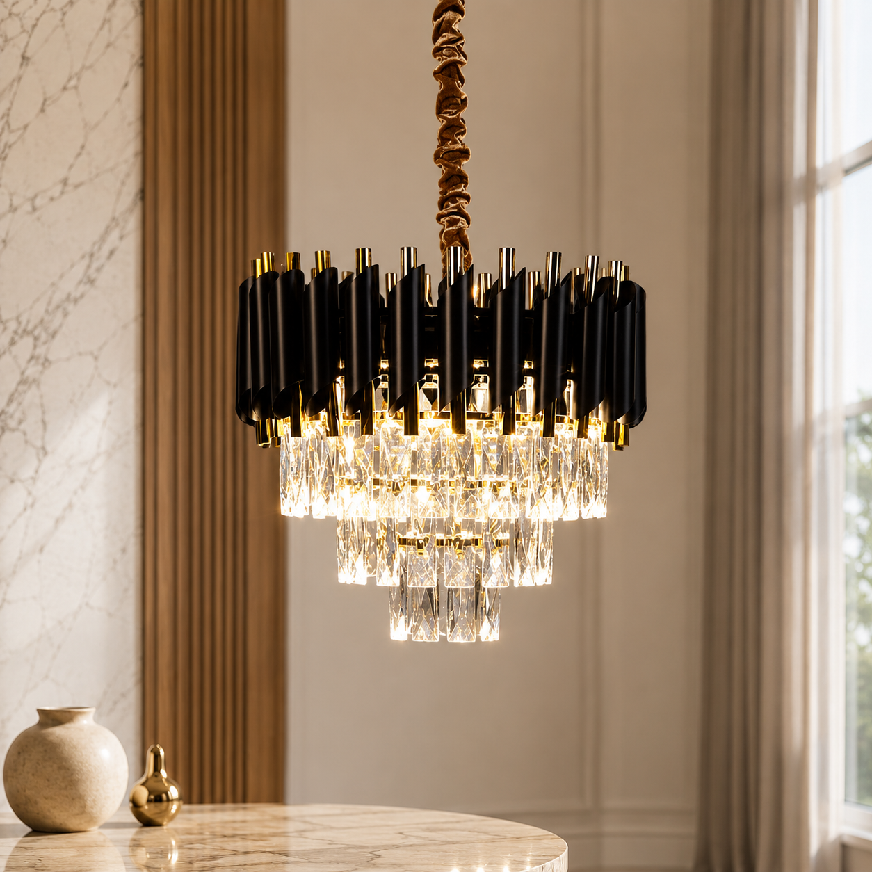 The Lustren Black & Gold Crystal Chandelier – 400mm Luxury Pendant Light