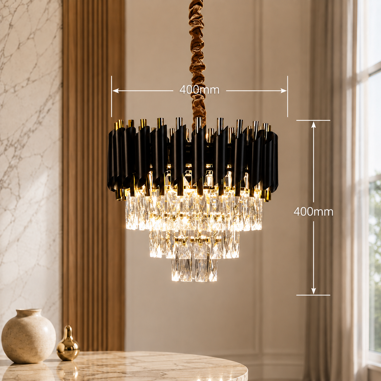 The Lustren Black & Gold Crystal Chandelier – 400mm Luxury Pendant Light