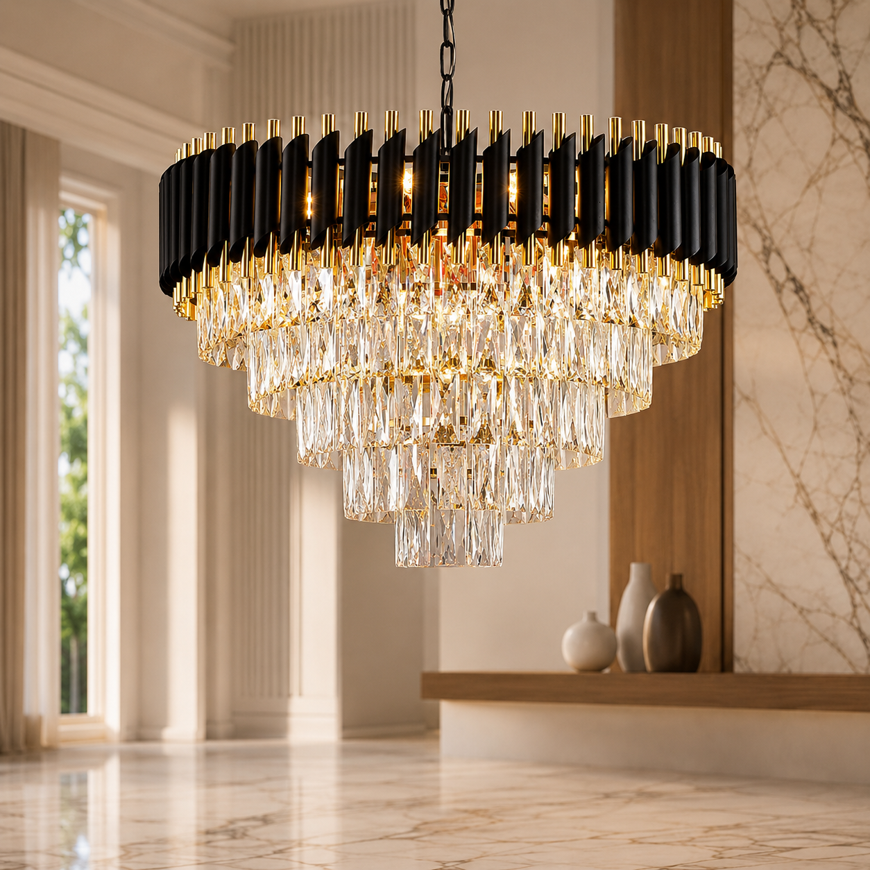The Lustren Black & Gold Crystal Chandelier – 500mm Luxury Pendant Light
