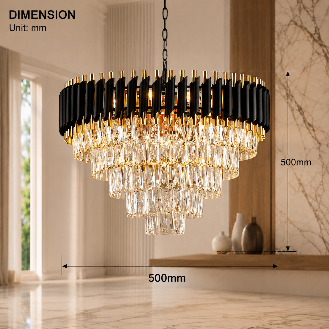 The Lustren Black & Gold Crystal Chandelier – 500mm Luxury Pendant Light