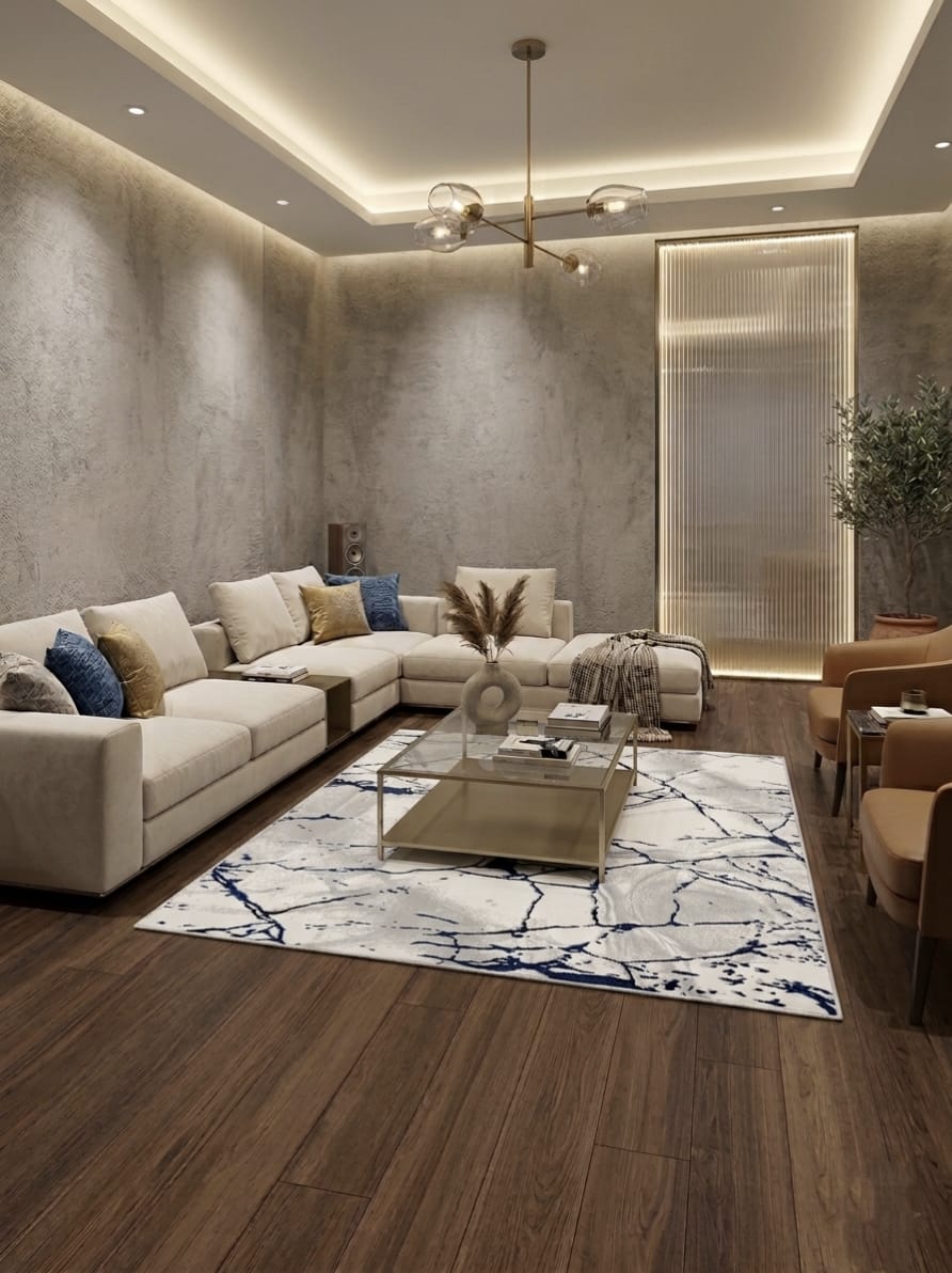 Luxury Marble Abstract Area Rug – Modern White & Navy Blue Carpet