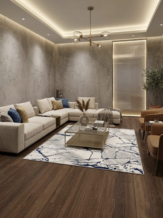 Luxury Marble Abstract Area Rug – Modern White & Navy Blue Carpet